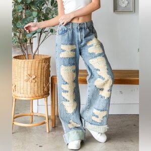 Oli & Hali Light Blue Distressed Wide-Leg Jeans with Cream Patchwork